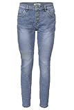 Jewelly Damen Stretch Jeans Five-Pocket im Crash-Look | Boyfriend Hose mit sichtbarer Knopfleiste (M/38, Demin mit Flicken)