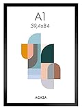 ACAZA A1 Bilderrahmen 59,4x84 cm Format Din A1 Schwarz, MDF Holz mit bruchsicherem Acrylglas, für Photos, Poster und Puzzles, Wandmontage, Hoch- und Q
