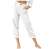 LRWEY Damen Baumwoll-Leinen-Hose, Kordelzug hinten, elastische Taille, legere Baumwoll-Leinen-Hose, weiß, XXX-Large