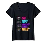 Damen Eat Sleep Cat Warrior Wiederholen Katze Krieger Liebe Katzen T-Shirt mit V-Ausschnitt