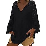 Leinenbluse Damen V-Ausschnitt Bluse Damen Sommer Tunika Oversized Große Größen Blusenshirt Damen Langarmshirt Leinen Baumwolle Hemd Oberteile Spitze Shirt