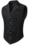 HISDERN Herren Paisley Formelle Weste Schwarz Bedruckt Gothic Steampunk Vintage Revers Weste für Hochzeit Party Smoking (Schwarz, M)