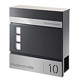 Briefkasten Anthrazit mit Zeitungsfach, Postkasten mit Namensschild, Hausnummer und Straßennamen, Wandbriefkasten mit Fenster, Zinkstahl Briefbox, Briefkästen mit Zeitungsrolle, Postbox p