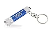 Bedruckte Schlüsselanhänger in Blau aus Metall mit 3-LED-Taschenlampe & zweizeiligem Aufdruck Ihres Wunschtextes - 100 Stück