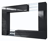 Vladon Wohnwand Mirage, Anbauwand mit Rückwand mit 2 Türen, 2 Klappen und 6 offenen Glasablagen, Schwarz matt/Schwarz Hochglanz (262 x 183 x 39 cm)