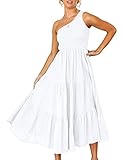 SEBOWEL Damen Sommerkleid Elegant Rüschen Freizeitkleid Lange Kleid Hohe Taille Casual Maxikleid Partykleid Weiß M