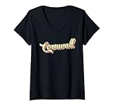 Damen Cornwall T-Shirt Retro Art Baseball Schriftart Vintage T-Shirt mit V-Ausschnitt