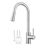 WOOHSE Niederdruck Armatur Küche, 360° Drehbare Küchenarmatur mit Brause Ausziehbar, Wasserhahn mit 3 Anschluessen für Boiler, Hoher Bogen Mischbatterie Küche mit 2 Modi Brause, E
