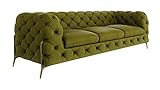 ROVERTI Royal Bis Chesterfield Sofa Olive, 243 x 73 x 100 cm - verchromte Füße, 3er Sofagarnitur - Couch, freistehend, hochwertige Wellfederung - Glamour Design