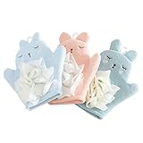 3 x Baby-Waschhandschuh mit kleinem Schwamm – niedliche Tier-Designs Kinder-Waschlappen, Handschuh, Kinder-Badehandschuh zur Reinigung der Haut (blau, rosa, grün)