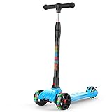 WHOJS Kickscooter Mit PU-Blitzrad Verstellbare Höhe 4-Rad-Roller Schwerkraftlenkung Geeignet for Kinder von 3-12 Jahren Leichtbau(Color:Blau)