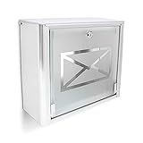 Relaxdays Briefkasten mit Motiv-Glastür, Postkasten Edelstahl, abschließbar, HBT: ca. 30,5 x 35,5 x 14 cm, silber / grau