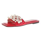 Generisch Damen Hausschuhe Einfarbig Quadratischer Zehenpartie Open-Toe Schlappen mit Perlen Elegante schöne Sommer Hausschuhe Strandsandaletten Slippers Schnell Trocknende Hausschuhe