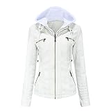 E-girl Damen Weiß Lederjacke Schlank Kurz Kunstleder Kapuze Jacket Reißverschluss Motorrad Jacke für Frühling und Herbst,XXL,C6699N