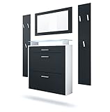 Vladon Garderobe Malea, Garderobenset bestehend aus 1 Hängeschuhschrank, 1 Wandspiegel und 2 Garderobenpaneele, Weiß matt/Schw