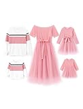 PATPAT Familien Outfit Set Langarm - Partnerlook Mutter Tochter Kleid Langarm T-Shirt & Mutter Kind Kleider Mama Tochter Kleidung für Herbst & Frühling, Rosa, Baby Mädchen: 9-12 M