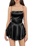 Fiacafyo Sexy Satin-Strampler für Damen, rückenfrei, Wasserfallausschnitt, Rüschen-Jumpsuit, Spaghettiträger, mehrlagiges Minikleid (A-Schwarz, L), A-schwarz, L