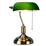 Traditionelle Bankerlampe, Schreibtischlampe, aus Metall, antik, mit Kette, Lampenschirm aus Glas, grün, Nachttischlampe für Schlafzimmer Messing Finish