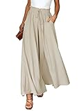 Dokotoo Sommerhose Damen Leicht Palazzo Hose Elegant Sommer High Waist Baggy Leinenhose Freizeithose Baumwolle Leinen Weite Hosen mit Taschen Kordelzug Elastisch Einfarbig Stoffhose Beige L
