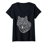 Damen Wolf Tiermotiv Kunst Raubtier Wolfsmotiv Tiergesicht Wolfs T-Shirt mit V-Ausschnitt