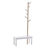 HOMCOM Garderobenständer Kleiderhaken Garderobe mit Sitzbank Baum-Design Zweige 6 Haken Eingangsbereich MDF + Bambus Weiß + Natur 80 x 30 x 180 cm