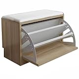 Generisch Schuhbank aus Holz mit hochklappbaren Schubladen, gepolsterter Sitzfläche und Verstellbarer Ablagefläche, freistehender Schuhschrank mit kippbarem Würfel, Holzfarb
