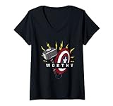 Damen Marvel Avengers Endgame Captain America Worthy Hammer Schild T-Shirt mit V-Ausschnitt