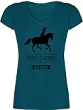 T-Shirt Damen V Ausschnitt - Pferde - Das Härteste am Reiten ist der Boden - L - Türkis - Geschenk für Reiterin mit pferdespruch Fuer pferdeliebhaber reitpferd Pony reitersachen sprüche M