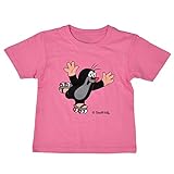 Kurzärmeliges T-Shirt Cartoon Muster Tiermotiv Original Der Kleine Maulwurf The Little Mole Krtek Krtecek Rosa Pink, Maulwurf und Rollschuhe, 118-128, für Kinder Jungen Mädchen Unisex