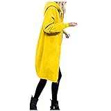 Frauen Casual Solid Color Reißverschluss mit Kapuze mit Kordelzug Langarm Tasche Langer Mantel Outwear Outdoor-Jacke Hahnentritt Mantel Damen (Yellow, XXXL)