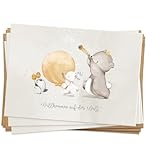 KOKO&LORA® Glückwunschkarten zur Geburt mit Umschlag 'Willkommen auf der Welt' • 3er Set moderne Grußkarte mit niedlichen Aquarell-Tieren für Mädchen und Jungen mit Kraftpapier-Kuvert - zur Geburt