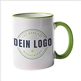 Werbetasse mit Logo | Kaffeetassen mit Logo bedrucken, Tasse mit Logo in kleiner Auflage günstig bestellen, Spülmaschinen- und Mikrowellenfest, 300ml Füllmenge (Hellgrün, Standard)