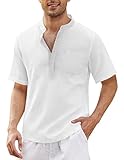 COOFANDY Herren Baumwolle Leinen Henley Shirt Langarm Hippie Casual Beach T-Shirts,Weiß,S