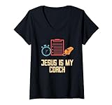 Damen Jesus Is My Coach Christian Sprüche Leben Zitate T-Shirt mit V-Ausschnitt
