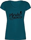 T-Shirt Damen V Ausschnitt - Pferde - Pferdemensch - S - Türkis - Geschenk mit pferden Pferd zubehör Geschenke für Reiter reitbedarf pferdeartikel pferdefan H