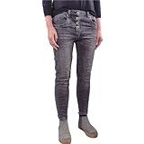 Jewelly Premium Damen Stretch Jeans| Boyfriend Hose mit sichtbarer Knopfleiste (Grau, M)