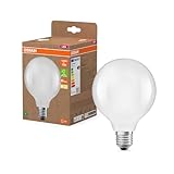 Osram LED-Lampe in klassischer Globeform, mit dekorativem LED-Filament im Frosted Design, Energieeffizienzklasse A, E27, 5 W, 1055 lm, 2700 K, warmweiß. Ohne Aufwärmen, sofort 100% L