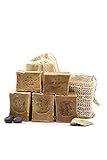 Original Aleppo Seife Set, 5 x ca. 130g, gemischtes Set, inkl. Sisal Soap Bag + gratis Reisebeutel, Olivenöl- und Lorbeeröl Seife, Vorratspaket, Naturkosmetik, Haarseifen, Duschseife