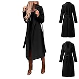 Warehouse Deals Angebote, Wintermantel Damen Elegant mit Gürtel Lang Wollmantel - Knielang Trenchcoat Revers A-Linie Mantel Übergangsmantel Vintage Herbstmantel für Den Übergang Schw