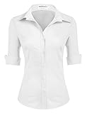Hotouch Weiße Bluse Damen 100% Baumwolle Taillierte Hemd 3/4 Ärmel Basichemd V Ausschnitt Oberteile Frauen Business Tops Weiß S