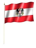 Sportfanshop24 Stockflagge/Stockfahne ÖSTERREICH mit Wappen Flagge/Fahne ca. 30 x 45 cm mit ca. 60cm Stab/Stock
