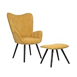 MEUBLE COSY fauteuil design scandinave Sessel mit Hocker Lounge Relaxstuhl Polstersessel Lesesessel Armlehnstuhl Stuhl mit Rückenlehne Stoff Kissen, Holz, Gelb, 68x73x106cm