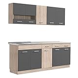 Homestyle4u 2357, Küche Küchenzeile Küchenblock Eiche Holz Grau Einbauküche Single Küchen Schränke 200
