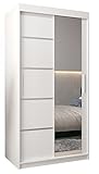 Schwebetürenschrank Verona 2-100 cm mit Spiegel Kleiderschrank mit Kleiderstange und Einlegeboden Schlafzimmer- Wohnzimmerschrank Schiebetüren Modern Design (Weiß)