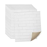 Herrselsam Selbstklebend Tapete 10 Stück, 3D Wandpaneele Selbstklebend Ziegel Tapeten, Wasserdicht Steinoptik Wandaufkleber, 5 mm Steintapete Wandtapete Geeignet für Küche, Wohnzimmer, 77 x 70CM Weiß