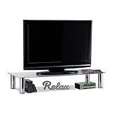 Relaxdays, weiß/Silber TV-Tisch Glas, verchromte Metallbeine, Bildschirmerhöhung, rechteckig, Glasaufsatz, 100x35x17 cm, Standard