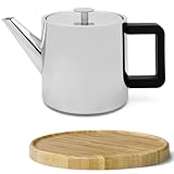Bredemeijer kleine glänzende Teekanne 1.1 Liter doppelwandig inkl. Tee-Filter & braunem Holz-Untersetzer - Kanne aus Edelstahl im norwegischen Design