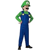 QULONG Super Mario Kostüm Kinder, Mario und Luigi Kostüm Kinder Set Inklusive Mütze Bart Hose, Super Klempner Hero Costume für Fasching, Karneval und Cosplay Party (M, Jungen Grün)