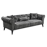 Stella Trading CHESTER Sofa 3-Sitzer mit Schlaffunktion, Microfaser Elefant - Vintage Chesterfield Couch mit Knopfheftung und Metallfüßen - 237 x 77 x 95 cm (B/H/T)