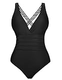 NC Einteiler Badeanzug Damen Bauchweg Einteilige Bademode Schwimmanzug Monokini Schlankheits Figurformend Strandmode mit V-Ausschnitt Schwarz XL